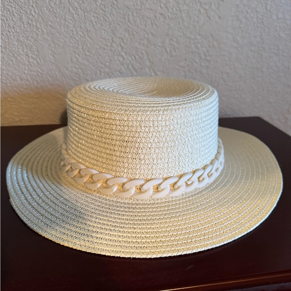 Do Everything in Love Cream Straw Hat with Chain Accent